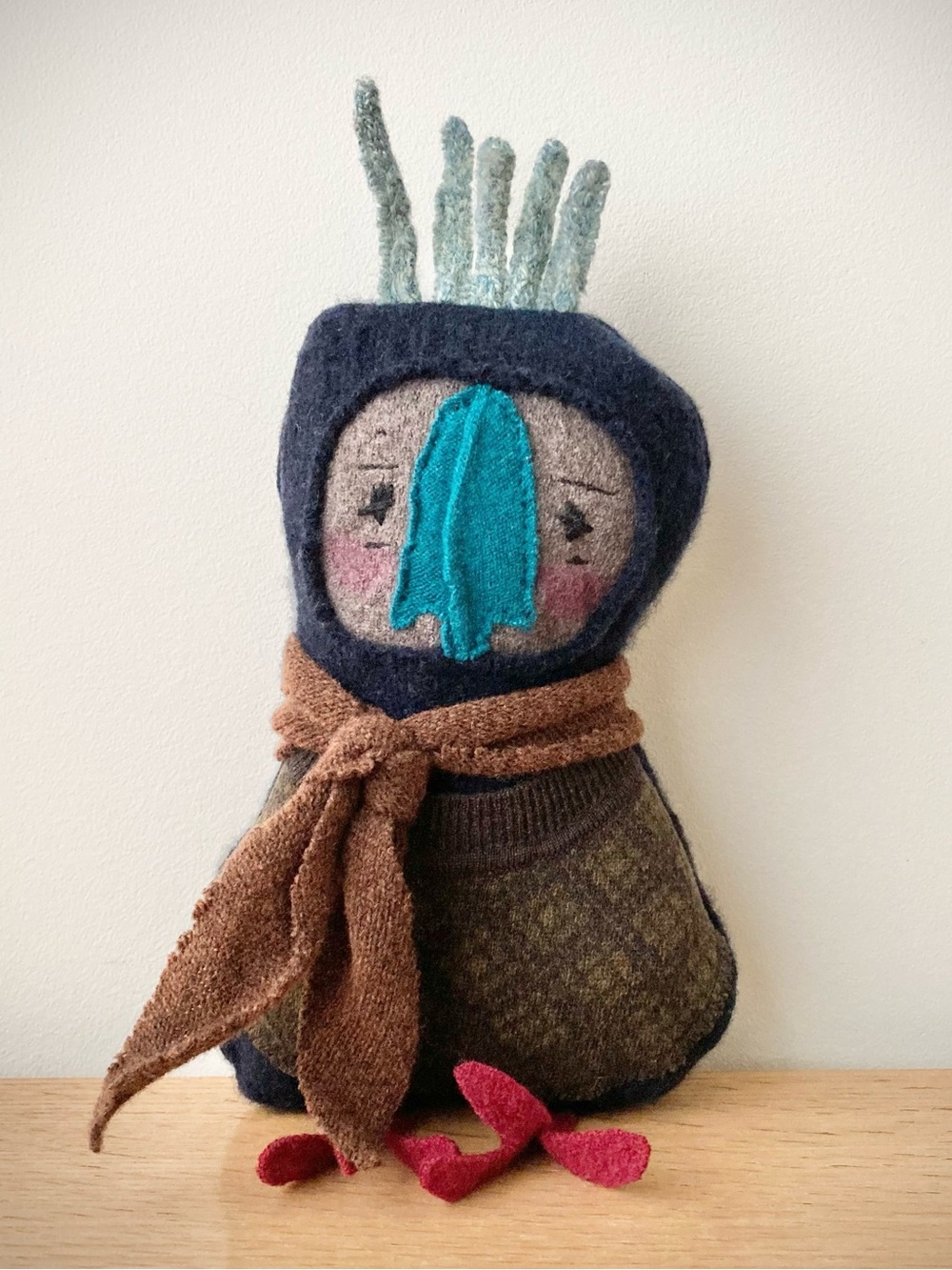 joodito bird owl reclaimed cashmere wool sweater folk art rag doll wabi sabi eco